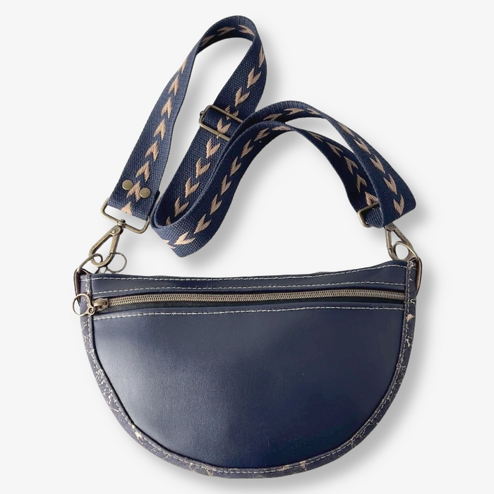 Semi Round Crossbody in Navy Cactus Leather and Navy Cork