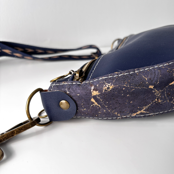 Semi Round Crossbody in Navy Cactus Leather and Navy Cork