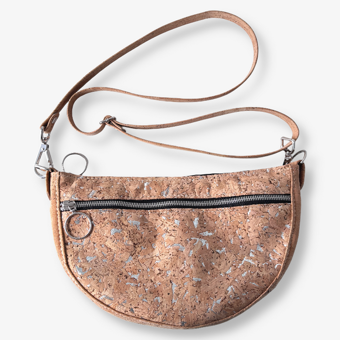 Semi Round Crossbody in Silver Fleck Cork and Natural Cork