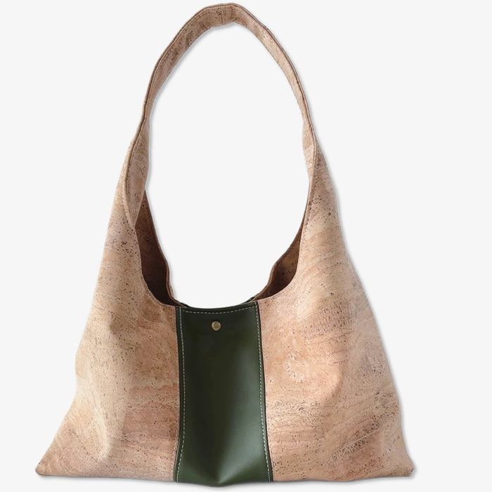 Slouchy Tote in Natural Cork with Moss Cactus Leather Stripe