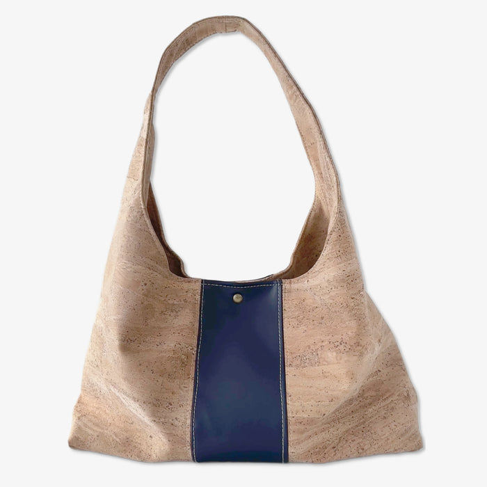 Slouchy Tote in Natural Cork with Navy Cactus Leather Stripe