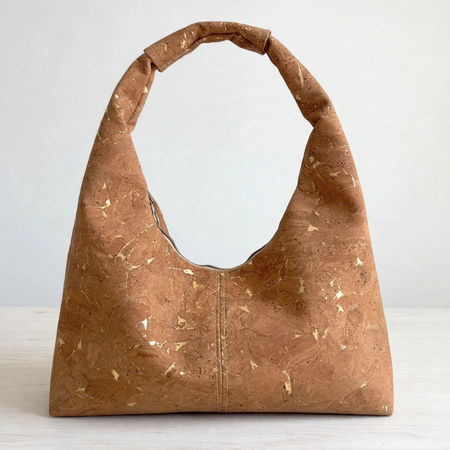 Slouchy Zipper Shoulder Bag in Cognac Gold Fleck Portuguese cork
