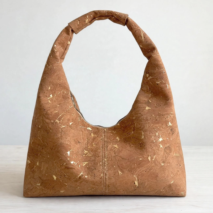Slouchy Zipper Shoulder Bag in Cognac Gold Fleck Portuguese cork
