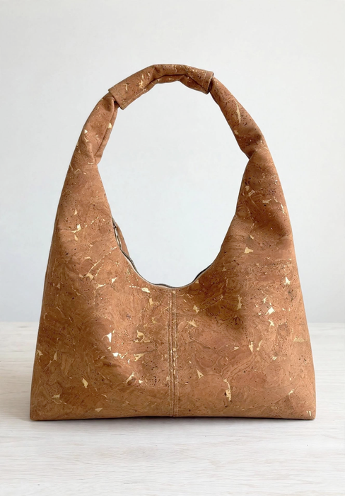 Slouchy Zipper Shoulder Bag in Cognac Gold Fleck Portuguese cork tall photo