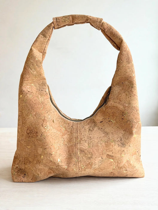Front view of Natural Gold Fleck Cork Slouchy Zipper Shoulder Bag