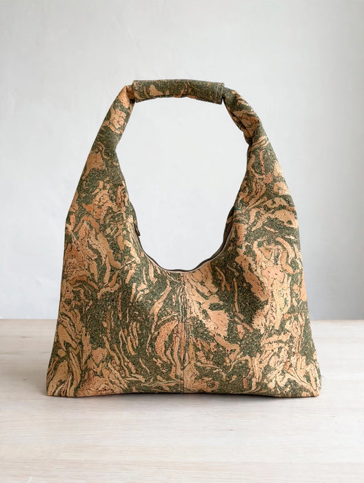 Slouchy Zipper Shoulder Bag in Green Marble Cork
