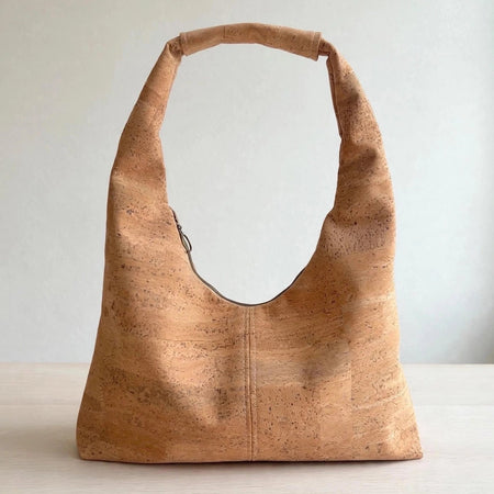 Slouchy Zipper Shoulder Bag in Natural Cork