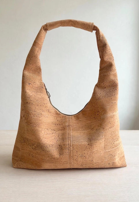 Slouchy Zipper Shoulder Bag in Natural Cork