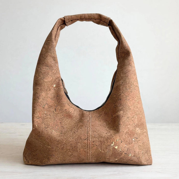 Slouchy Zipper Shoulder Bag in Toffee Portuguese cork with subtle gold flecks