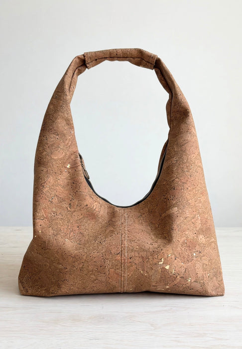 Front view of Toffee Cork Slouchy Zipper Shoulder Bag