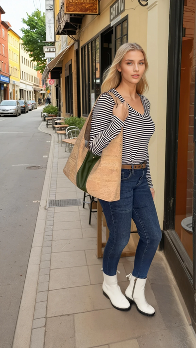 Slouchy Tote in Natural Cork with Moss Cactus Leather Stripe