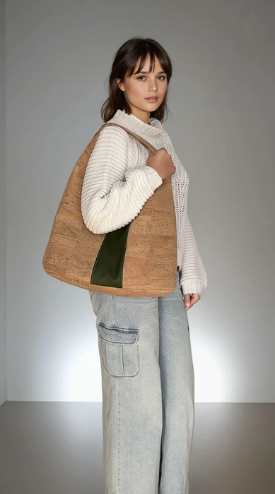 Slouchy Tote in Natural Cork with Navy Cactus Leather Stripe