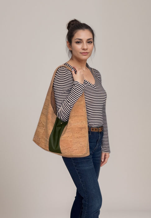 Slouchy Tote in Natural Cork with Dark Brown Cork Stripe