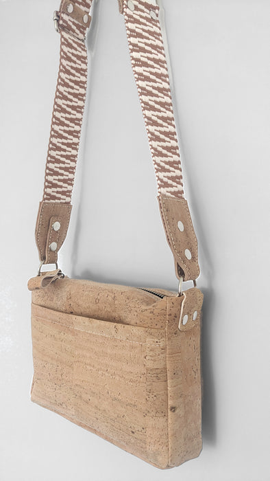 Small Boxed Bag in Natural Cork with Tan and Cream Woven Strap