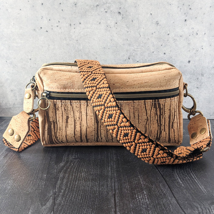 Mini Boxed Bag in Tiger Striped Cork with Rust and Black Woven Strap