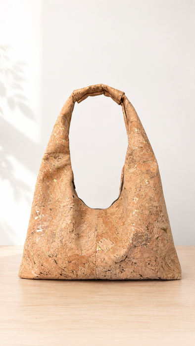 Front view of the Slouchy Zipper Shoulder Bag in Premium Natural Gold Fleck Cork