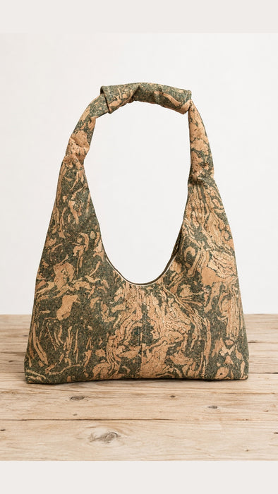 Handcrafted Slouchy Zipper Shoulder Bag in Premium Green Marble Cork