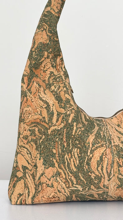 Front view of the Slouchy Zipper Shoulder Bag in Premium Green Marble Cork