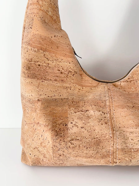 Handcrafted Slouchy Zipper Shoulder Bag in Natural Cork
