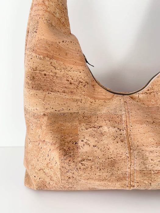 Handcrafted Slouchy Zipper Shoulder Bag in Natural Cork
