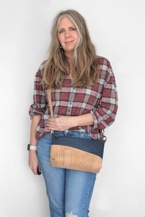 Diagonal Crossbody in Midnight Blue Cork on model