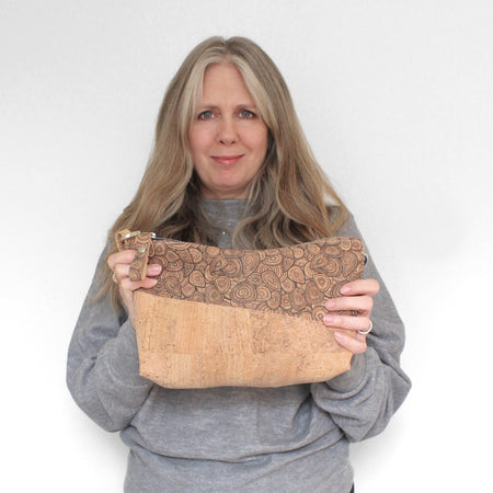 Diagonal Crossbody in Natural Black Print Cork on model