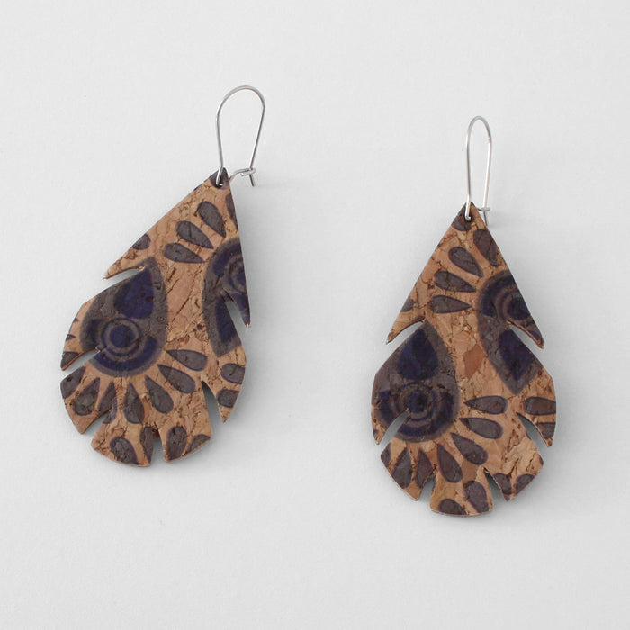 Cork Earrings Medium Leaf Indigo Print