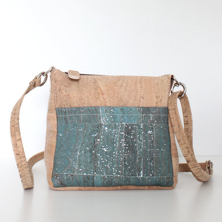 Small Zip Top Crossbody Backpack in Teal Gallaxy Dyed Cork
