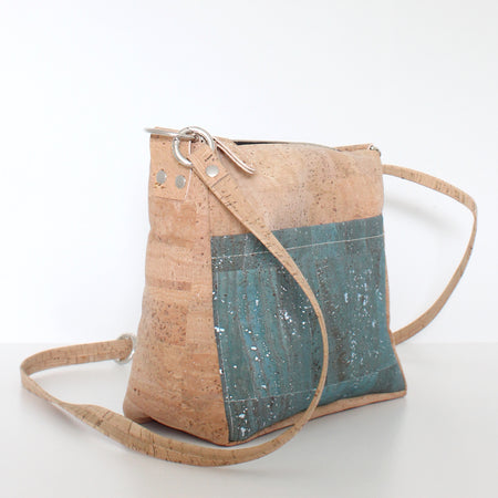 Small Zip Top Crossbody Backpack in Teal Gallaxy Dyed Cork