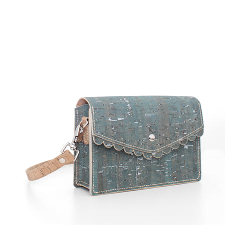 Scallop Bag Crossbody in Teal Gray Silver Dyed Cork