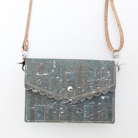 Scallop Bag Crossbody in Teal Gray Silver Dyed Cork