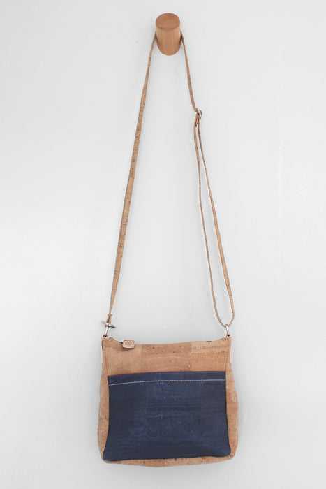 Small Zip Top Crossbody Backpack in Midnight Blue Dyed Cork